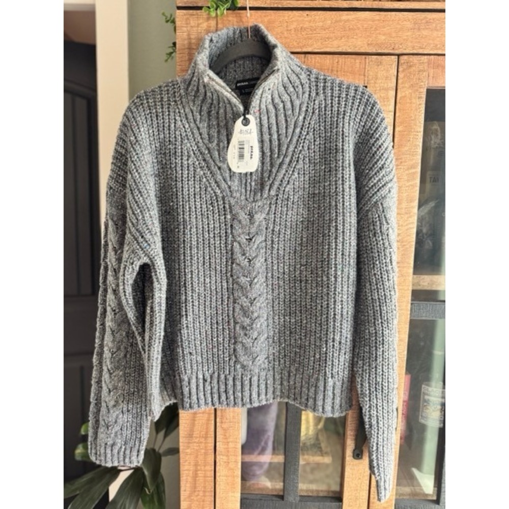 Prana Laurel Creek Sweater Charcoal Grey Wool Blend Quarter Zip Cable Knit NWT L